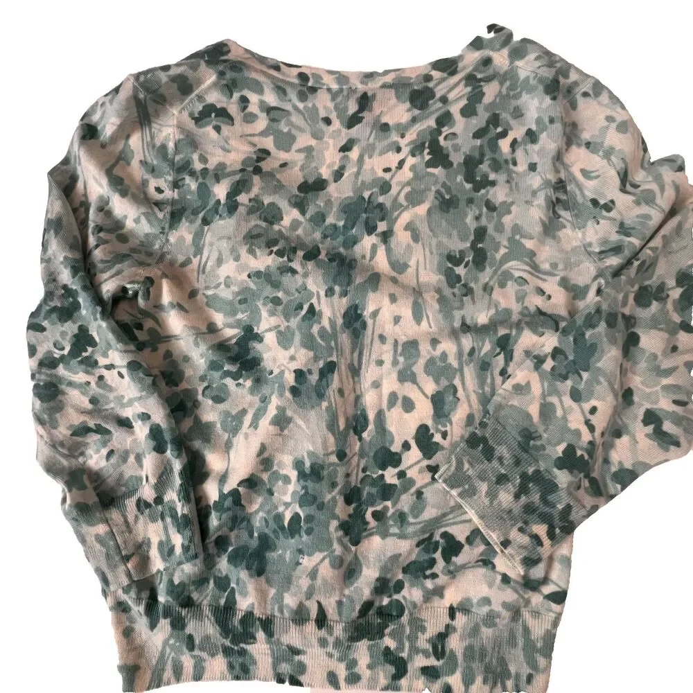 Talbots Cardigan Sweater M Teal Green Floral 100% Italian Merino Wool V-Neck